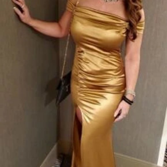 gold satin off shoulder split thigh dress elegant festive holiday party chic - Picture 9 of 9